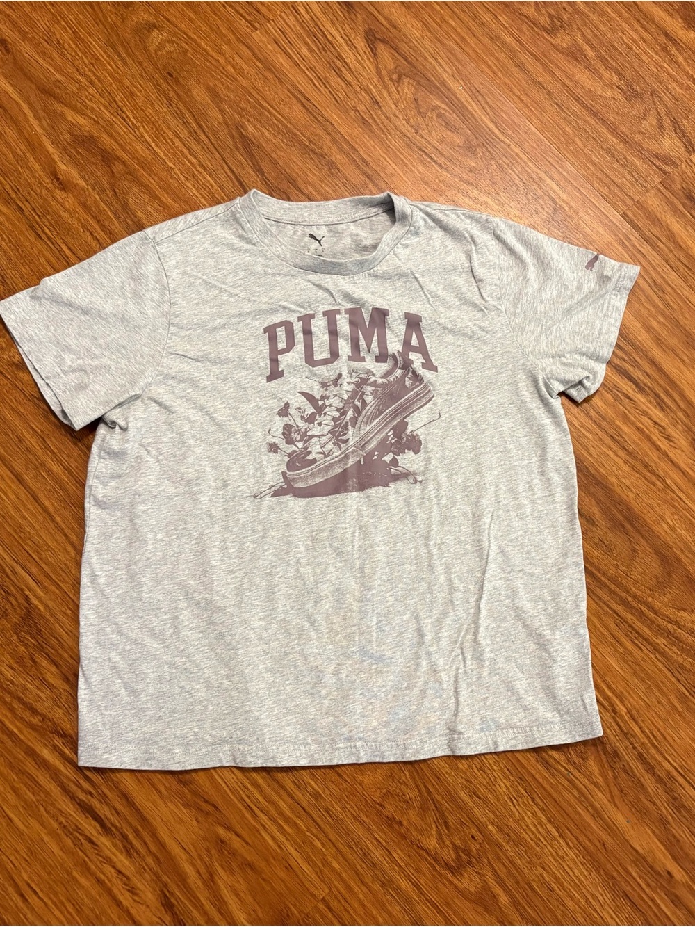 PUMA Women’s Gray Heather Graphic Logo Crew Neck Short Sleeve T-Shirt Size Large